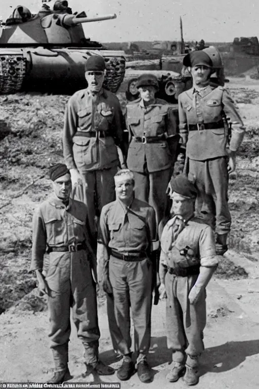 Image similar to A man in power armor stands next to World War II soldiers in a general photo near a tank, old photo, realism, attention to detail