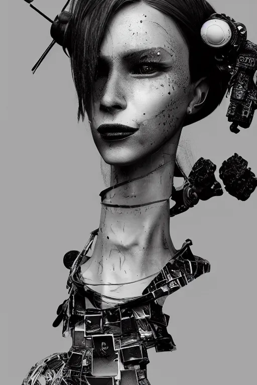 Prompt: an epic non - binary model, subject wearing a belt made out of computer mice, grungy, beautiful, intricate, black and white colors, with few pastel pink highlights, by jeremy mann and ilya kuvshinov, jamie hewlett and ayami kojima, trending on artstation, bold 3 d, octane render