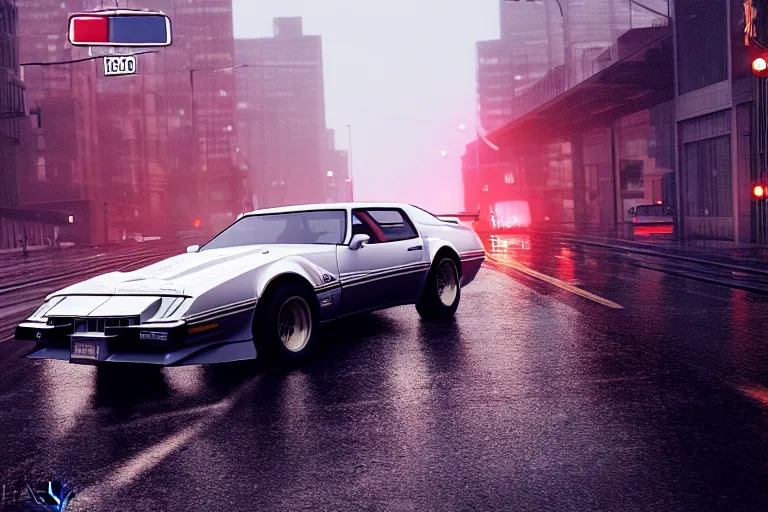 Image similar to hyperdetailed, photorealistic photograph of a 1 9 8 2 pontiac firebird trans - am drifting in the streets, rain, night, dense fog, hd, unreal engine 5 by greg rutowski, by stanley artgerm, by alphonse mucha