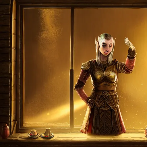 Image similar to the elder scrolls vi majestic gracious high elf merchant portrait, indoors rustic clothing shop, painted, dark room, one point of light coming through the window, atmospheric lighting, painted, intricate, volumetric lighting, beautiful, golden hour, sharp focus, ultra detailed, by mark kent, jordan lamarre - wan, igor kieryluk, maxim verehin, miranda meeks