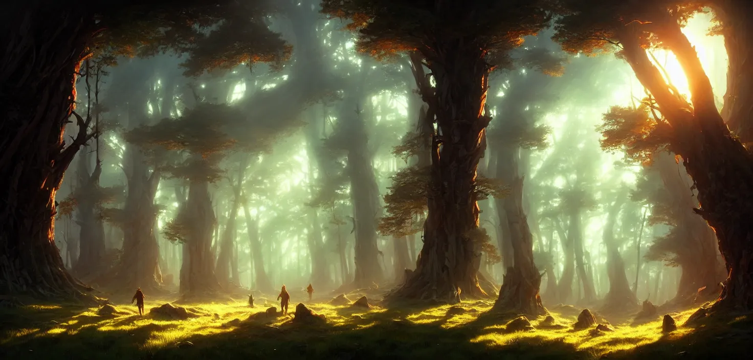 Image similar to concept art of an inside of the wood, cinematic view, epic sunny sky, detailed, concept art, high detail, warm lighting, volumetric, godrays, vivid, beautiful, trending on artstation, by jordan grimmer, huge scene, art greg rutkowski