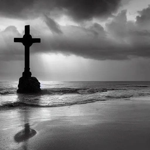 Prompt: a highly detailed black and white matte painting of a large cross standing on the beach as a storm comes in with the tide, woman sitting in the sand watching the ocean, epic fantasy, god rays, rocky beach, ultrawide lense, aerial photography, unreal engine, exquisite detail, 8 k, art by albert bierstadt and greg rutkowski and alphonse mucha