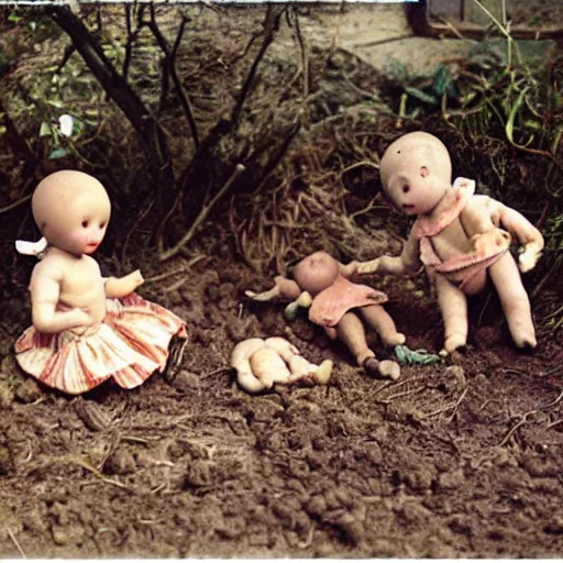 Image similar to autochrome photo of vintage disgusting brown kewpie dolls, plastic baby doll toys in a backyard garden, realistic