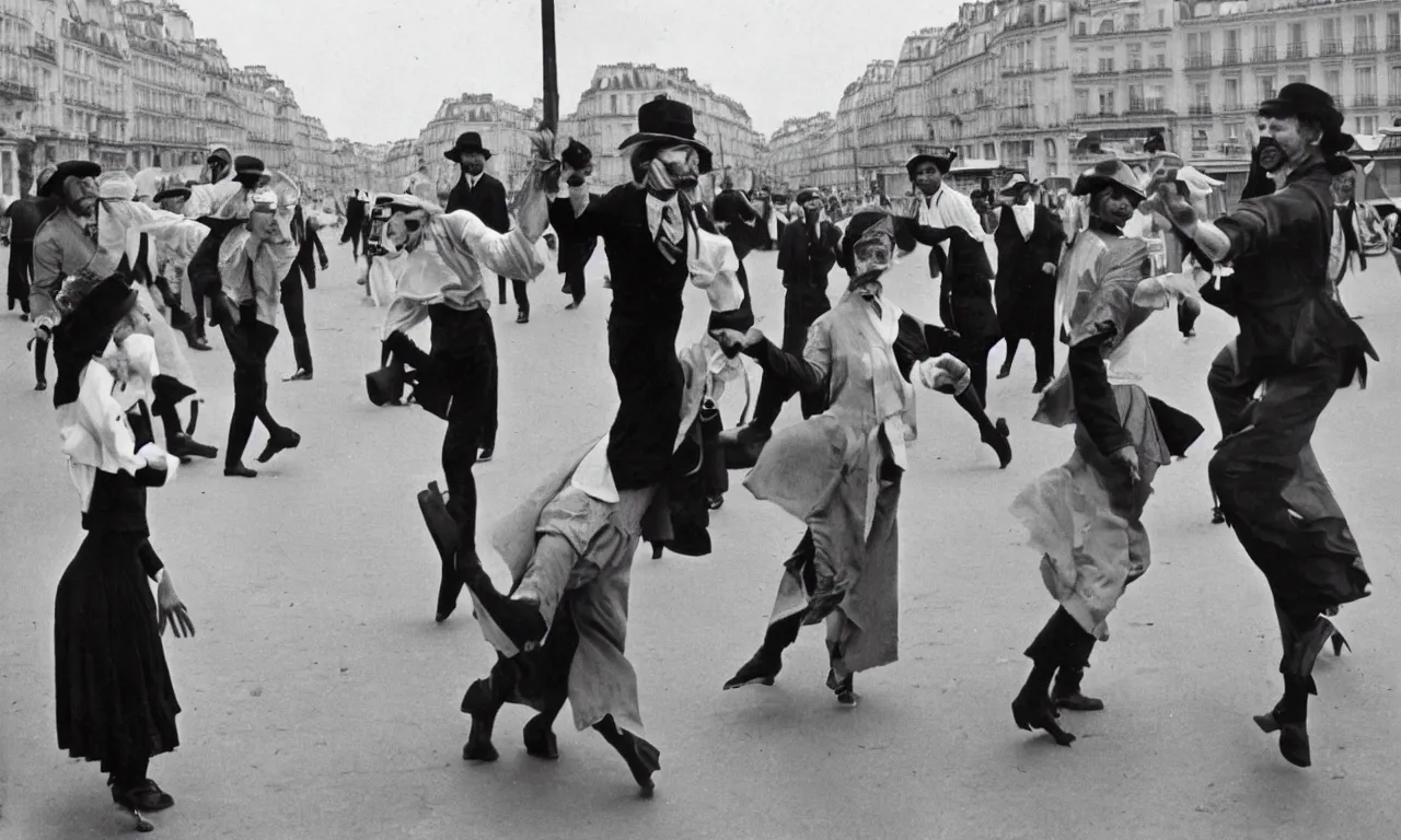 Prompt: 1 9 0 0 s era characters from california dancing on a paris street corner in 1 9 7 0