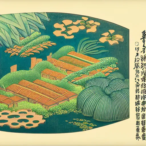 Image similar to 3 d isometric botanical illustration of a small city in an island surrounded by water, diego rivera in ukiyo - e style variation 1, hd