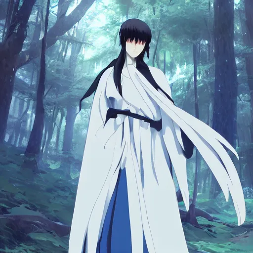 Prompt: concept art painting of an anthropomorphic anime style humanoid white raven wearing dark blue robes, in the deep forest, realistic, detailed, cel shaded, in the style of makoto shinkai and greg rutkowski and james gurney