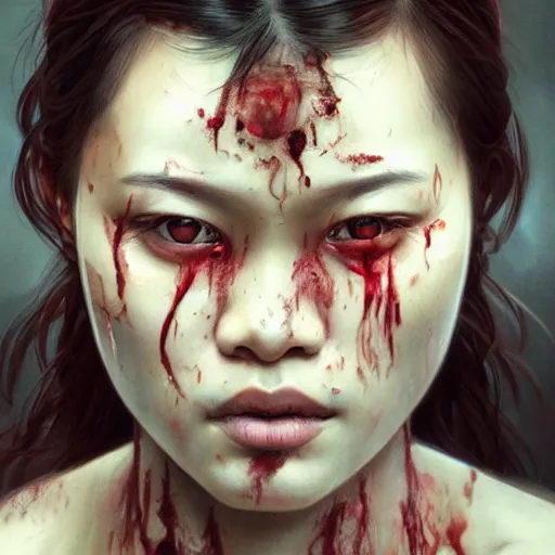 Prompt: portrait painting of a bloodied thai female butcher, ultra realistic, concept art, intricate details, eerie, highly detailed, photorealistic, octane render, 8 k, unreal engine. art by artgerm and greg rutkowski and alphonse mucha