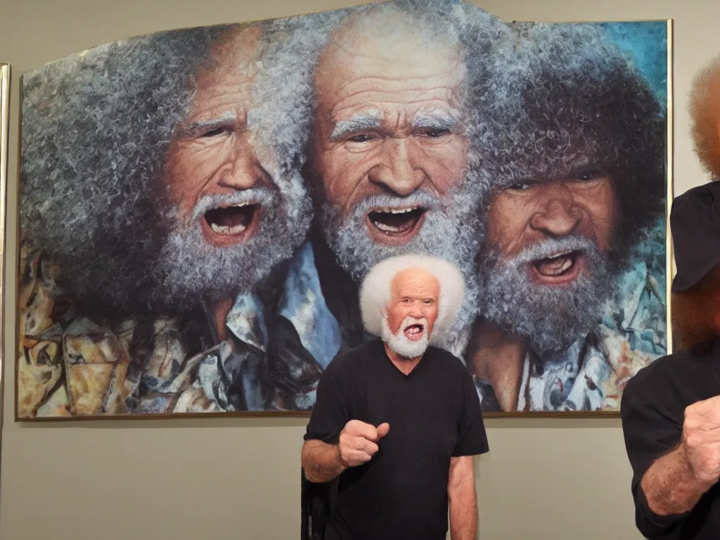 Prompt: old bob ross is sad and angry and yelling at a huge painting by bob ross, enhanced eyes