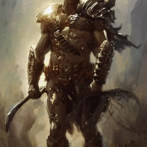 Image similar to a fierce and muscular male warrior in full armor, handsome, fantasy character portrait by greg rutkowski, gaston bussiere, craig mullins, simon bisley