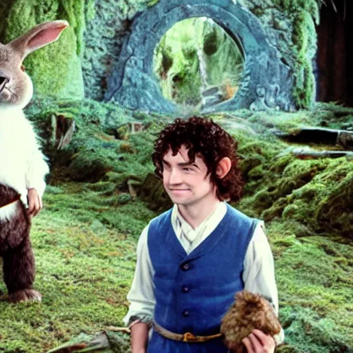 Image similar to Bartook a teen hobbit with short curly dark brown hair wearing a blue vest with a white sash standing next to a giant rabbit, high resolution film still, movie by Peter Jackson