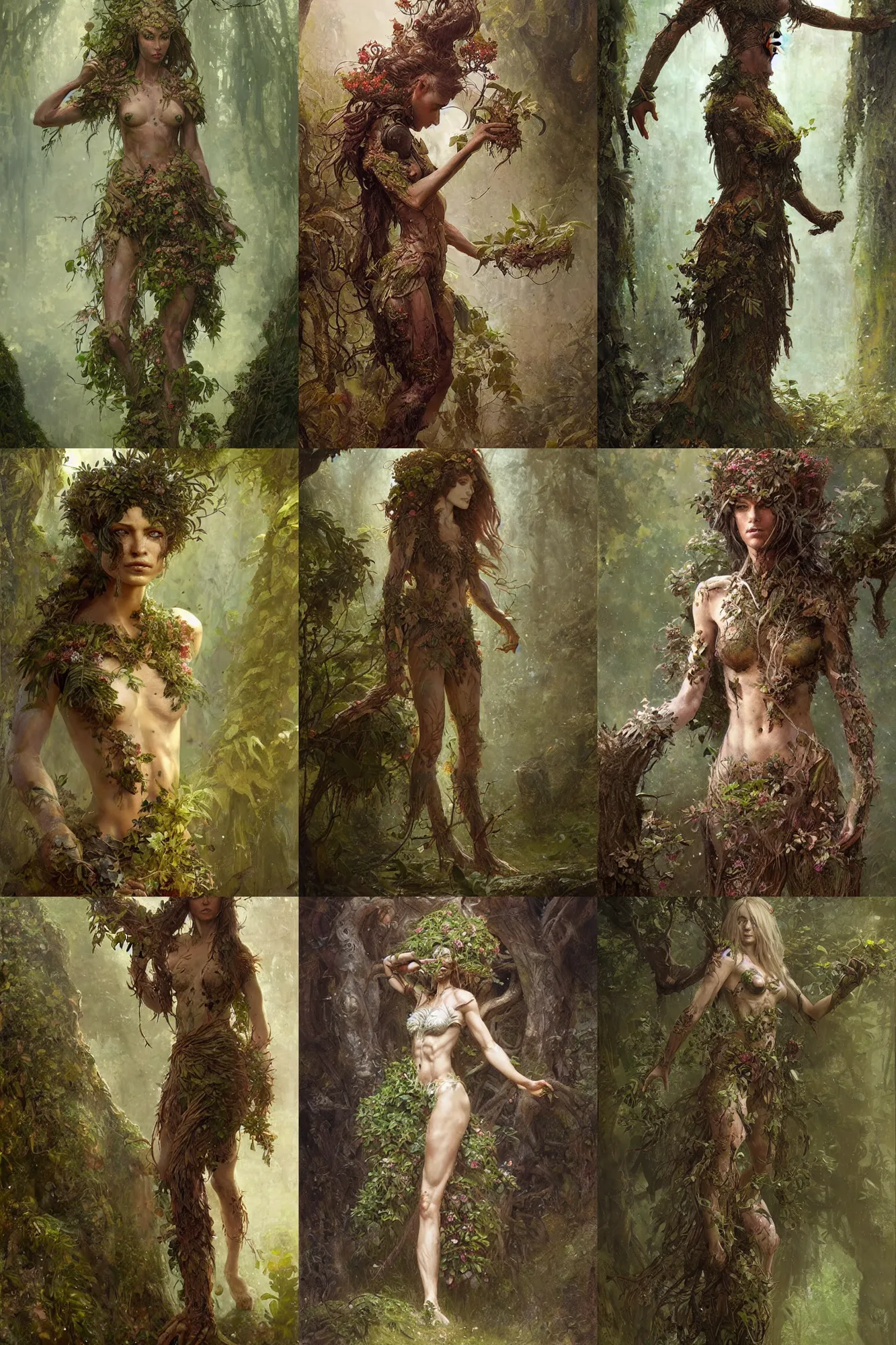 Prompt: martial artist dryad, woman made of plants, bark for skin, fantasy character portrait full body concept art, intricate details, by greg rutkowski, gaston bussiere