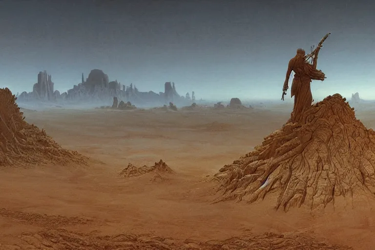 Image similar to intricate, 3 d, endless wastes vast desert, style by caspar david friedrich and wayne barlowe and ted nasmith