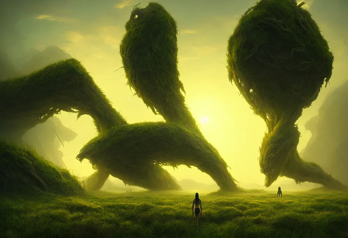 Prompt: strange creature emerging from surface of green summer planet at sunset, ultra high definition, ultra detailed, symmetry, fog, matte painting, by greg rutkowski and ross tran and wlop