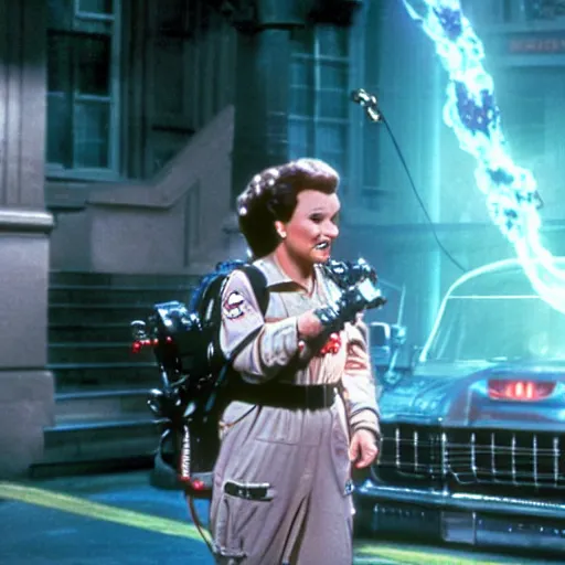 Image similar to stunning awe inspiring betty white as a ghostbuster in the movie ghostbusters, movie still 8 k hdr atmospheric lighting