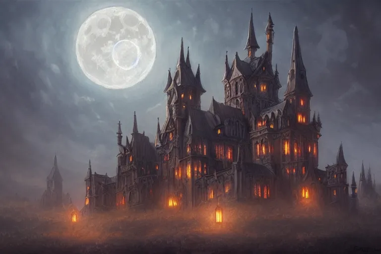 Image similar to foggy intricate gothic castle under the full moon, epic, intricate oil painting, high detail illustration, sharp high detail, manga and anime, official fanart behance hd artstation by jesper ejsing and makoto shinkai, 4 k,