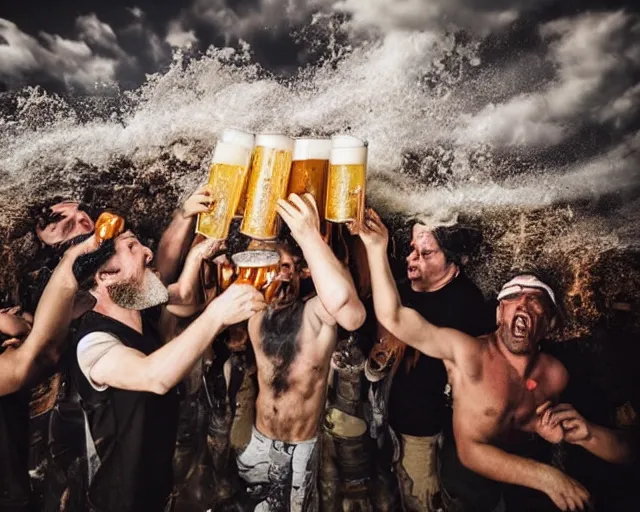 Prompt: incredible absurd surreal photoshoot advertisement for beer, people enjoying beer in the style of tim walker and by michael bay action movie, people pouring beer on top of each other, celebration of beer and alcohol, vsco film grain