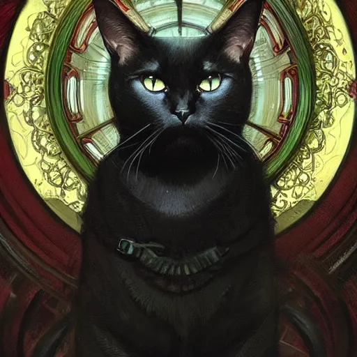 Image similar to small black cat with big green eyes, intricate, elegant, highly detailed, digital painting, artstation, concept art, matte, sharp focus, illustration, art by Artgerm and Greg Rutkowski and Alphonse Mucha