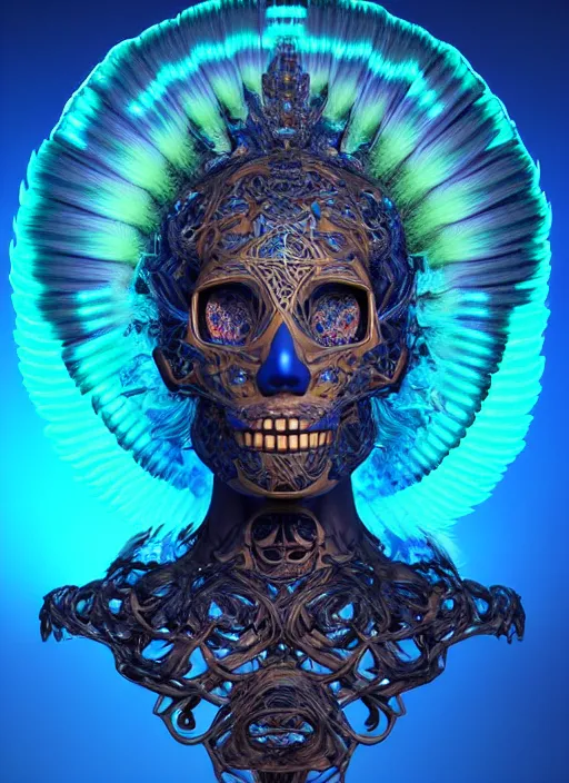 Image similar to 3 d goddess profile portrait, sigma 5 0 0 mm f / 5. beautiful intricate highly detailed quetzalcoatl skull and feathers. bioluminescent, plasma, lava, ice, water, wind, creature, thunderstorm! artwork by tooth wu and wlop and beeple and greg rutkowski, 8 k trending on artstation,