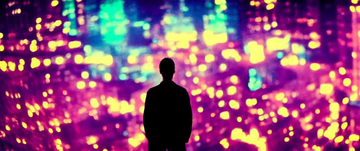 Prompt: one man silhouette standing in front of a cyberperunk city, neon lights, night, very beautiful, trending on deviantart, movie still, bokeh