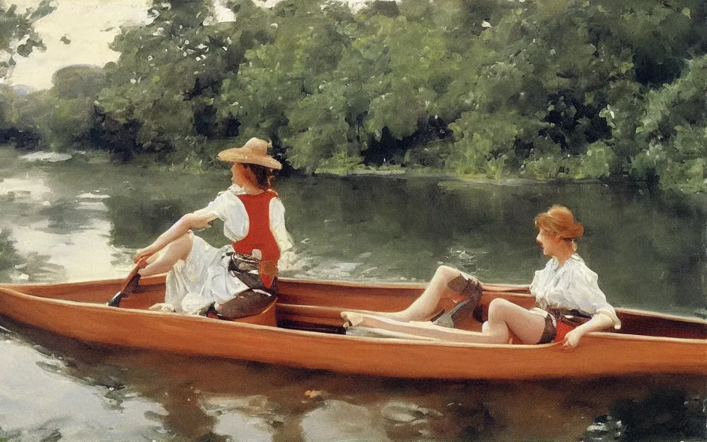 Prompt: “ a girl sitting in canoe on a river drinking beer, john siner sargent ”