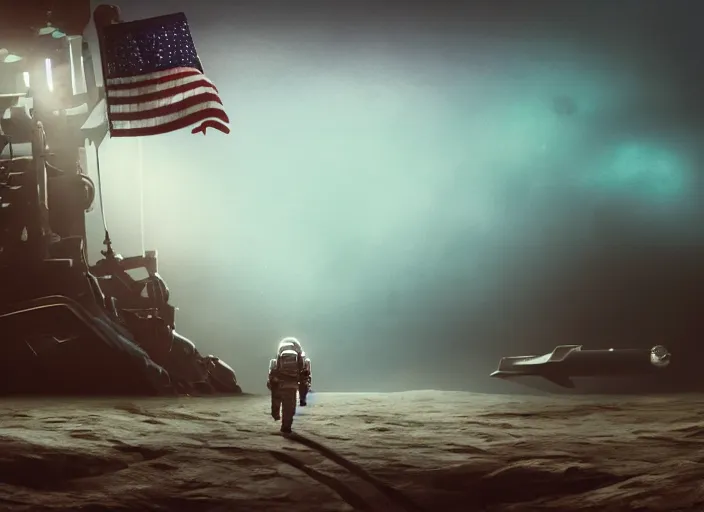 Image similar to astronaut holding a flag in an underwater desert. a submarine is visible in the distance. dark, concept art, cinematic, dramatic, atmospheric, 8 k, trending on artstation, blue, fish, low visibility, fog, ocean floor, christopher nolan, interstellar