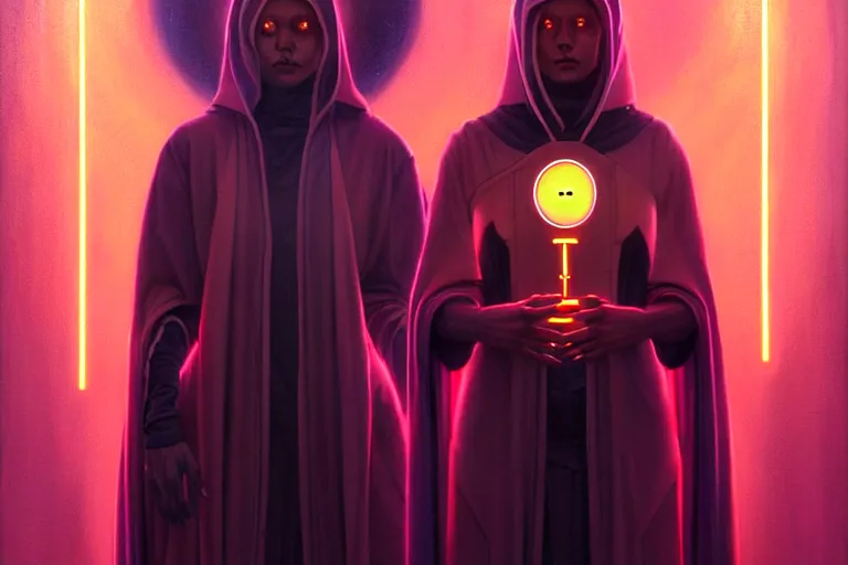 Prompt: patron saint 👩🏾 praying with machine, futuristic long robes clothing, worm hole, neon god of city character portrait, in the style of moebius, wlop, tom bagshaw, and waterhouse, cinematic lighting, beautiful, elegant, oil painting,