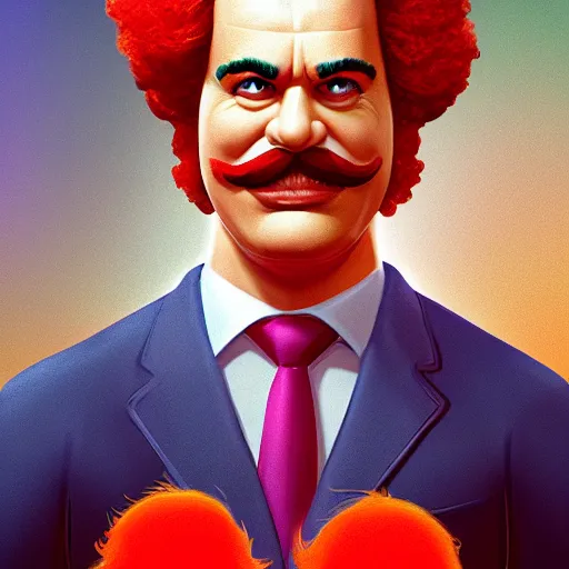 Image similar to Portrait of Pedro Sanchez, prime minister of Spain, as Ronald McDonald, mattepainting concept Blizzard pixar maya engine on stylized background splash comics global illumination lighting artstation lois van baarle, ilya kuvshinov, rossdraws