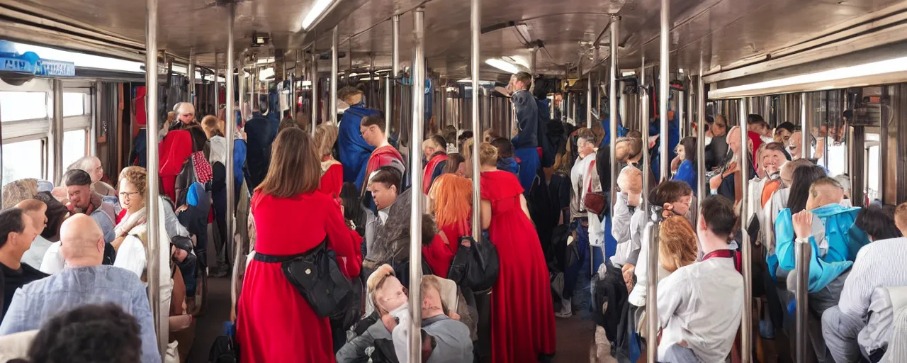 Image similar to inside a train wagon, people are standing close, rush hour, ham instead of heads, woman with red dress in middle