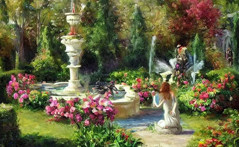 Image similar to Beautiful garden, next to a fountain and a mystical palace. By Konstantin Razumov, horror scene, highly detailded