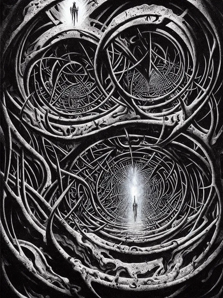 Prompt: dante alighieris nine circles of hell, fantasy painting by greg rutkowski and mc escher and rene margritte, very detailed, very demonic, frozen luzifer in the center in a sea of ice, very metal album cover