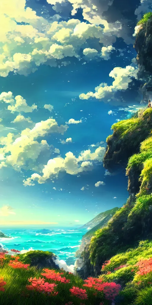 Image similar to A beautiful anime illustration of an ocean coast, cliffs, wildflowers, breathtaking clouds, wide angle, by wu daozi, qiu ying, tang yin, very detailed, deviantart, 4k vertical wallpaper, tropical, colorful, airy, anime illustration, anime nature wallpap