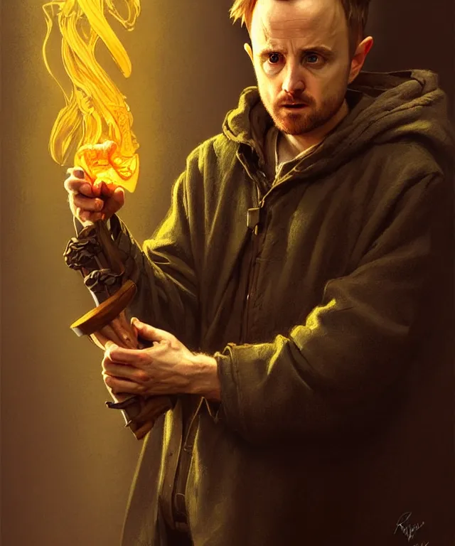 Image similar to portrait of jesse pinkman as a hobbit, smoking a wooden pipe, headshot, highly detailed, digital painting, artstation, concept art, sharp focus, cinematic lighting, illustration, art by artgerm and greg rutkowski, alphonse mucha, cgsociety