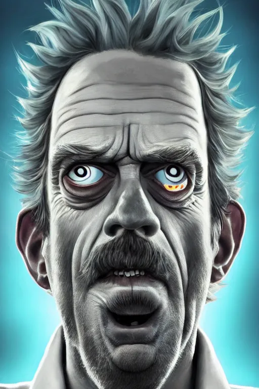 Prompt: Hugh Laurie as crazy genius Rick Sanchez from Rick and Morty, unibrow, white robe, big eyes, realistic portrait, symmetrical, highly detailed, digital painting, artstation, concept art, smooth, sharp focus, illustration, cinematic lighting, art by artgerm and greg rutkowski and alphonse mucha