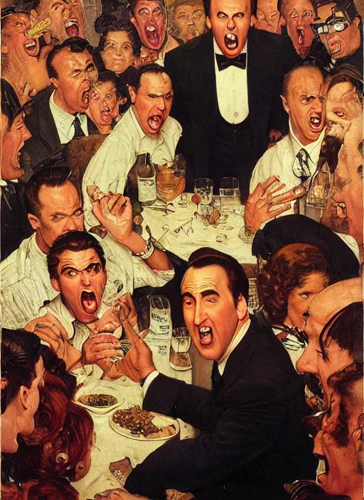 Prompt: full body and head portrait of nicholas cage screaming about crazy evil in a restaurant as everyone else looks puzzled, painted by norman rockwell and tom lovell and frank schoonover