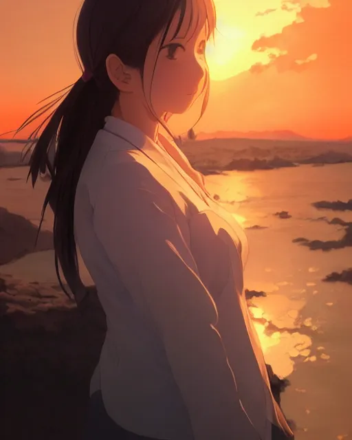 Image similar to kyoto animation, woman looking at sunset, beautiful, detailed portrait, cell shaded, 4 k, concept art, by wlop, ilya kuvshinov, artgerm, krenz cushart, greg rutkowski, pixiv. cinematic dramatic atmosphere, sharp focus, volumetric lighting, cinematic lighting, studio quality