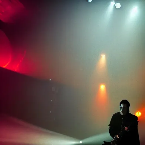 Prompt: dusty Trent Reznor, elaborate stage effects, dust, smoke, giant LED screens, colored projections, ultrafine detail, goth cybersuit, glowing thin wires, smoke, high contrast, projections, associated press photo, masterpiece