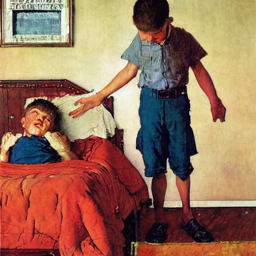 Prompt: A kid waking up his older brother, art by Norman Rockwell