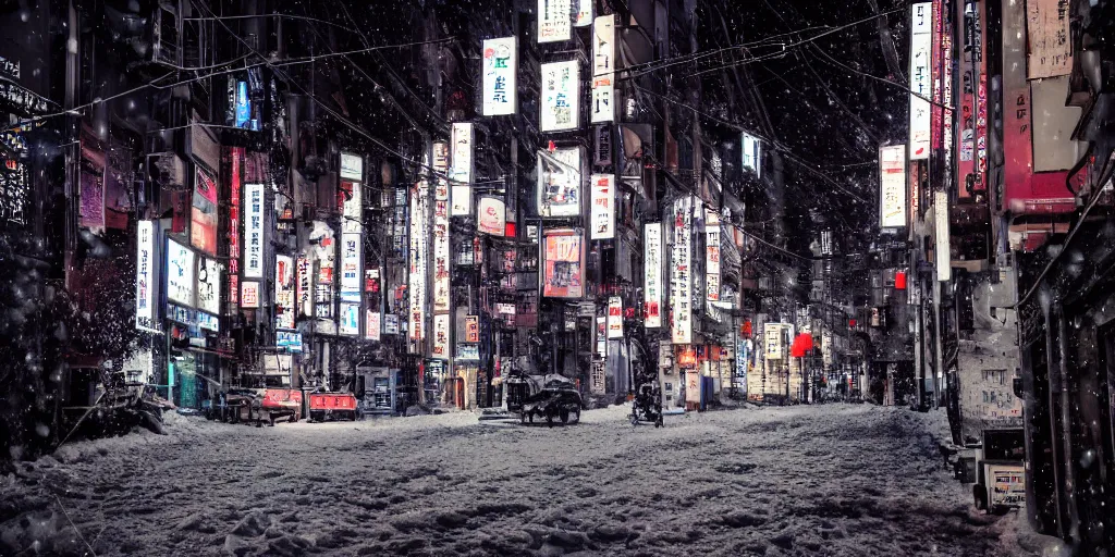 Image similar to a city street at night, snowing, photograph, cyberpunk, sharp focus, intricate detail, drone shot, high resolution, 8k, neon streetlights, wires hanging down everywhere, Japan,