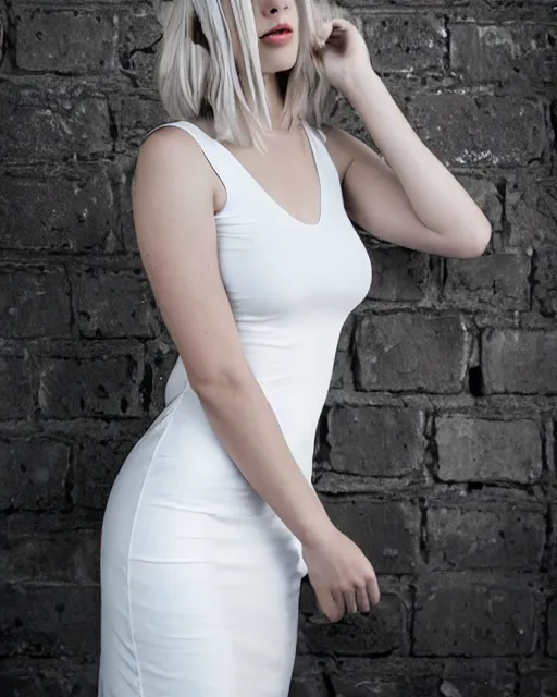 Image similar to 2 8 mm portrait of gorgeous emily skinner cosplaying annie leonhart wearing tight white dress, pale skin, rule of thirds, cinematic lighting, sharp focus, backlit, stunning, smooth, hard focus, glamour pose, full body shot, octane 8 k, higly detailed