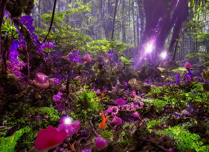 Image similar to glowing delicate flower and mushrooms that grow in fatansy forest on the planet Pandora,