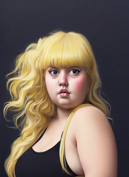 Image similar to full body portrait, teenage betty cooper, blonde hair, obese, bangs, ponytail, sultry, realistic, sultry smirk, fluffy bangs, curly bangs, fat, belly, beautiful girl, intricate, elegant, highly detailed, digital painting, artstation, concept art, smooth, sharp focus, illustration, art by wlop, mars ravelo and greg rutkowski