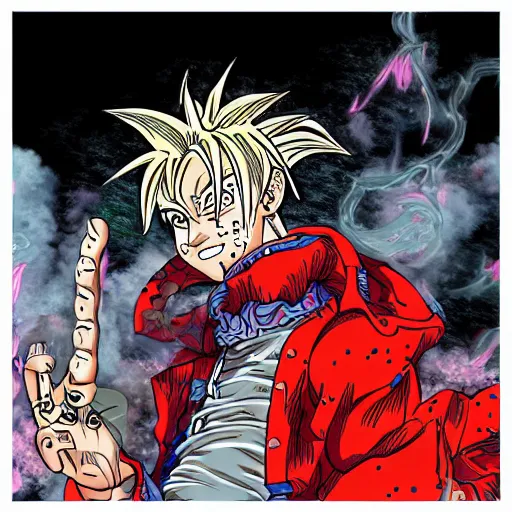 Image similar to Manga art Young Thug, Playboi Carti and Lil Uzi Vert, Ninja Scrolls, Gang, Draco, Blood, red smoke, by Akira Toriyama, Trending on artstation