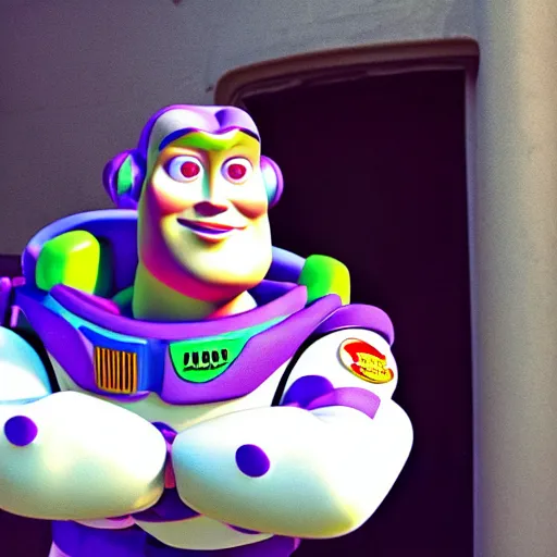 Prompt: UHD candid photo of Buzz Lightyear on skid row, UHD, photorealistic, correct face, photo by Annie Leibowitz