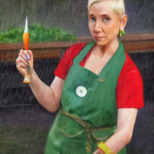 Image similar to woman with pointed ears and short blonde hair, standing in the rain wearing a kitchen maid's uniform and holding a chef's knife, fantasy, character portrait, hyper realism, colorful, oil painting