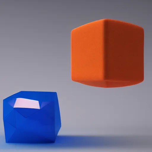 Prompt: one blue 9 9 9 8 cube and one orange cube, studio light, studio photo, 1 2 9 7, octane render