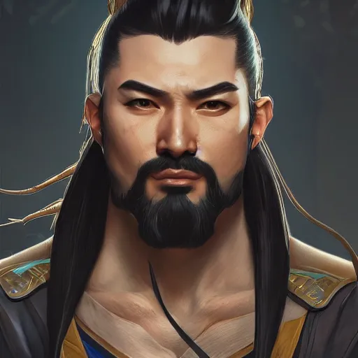 Image similar to character portrait of Hanzo from Overwatch, dystopian mood, intricate, wild, highly detailed, digital painting, artstation, upper body, concept art, smooth, sharp focus, illustration, art by artgerm and greg rutkowski and alphonse mucha