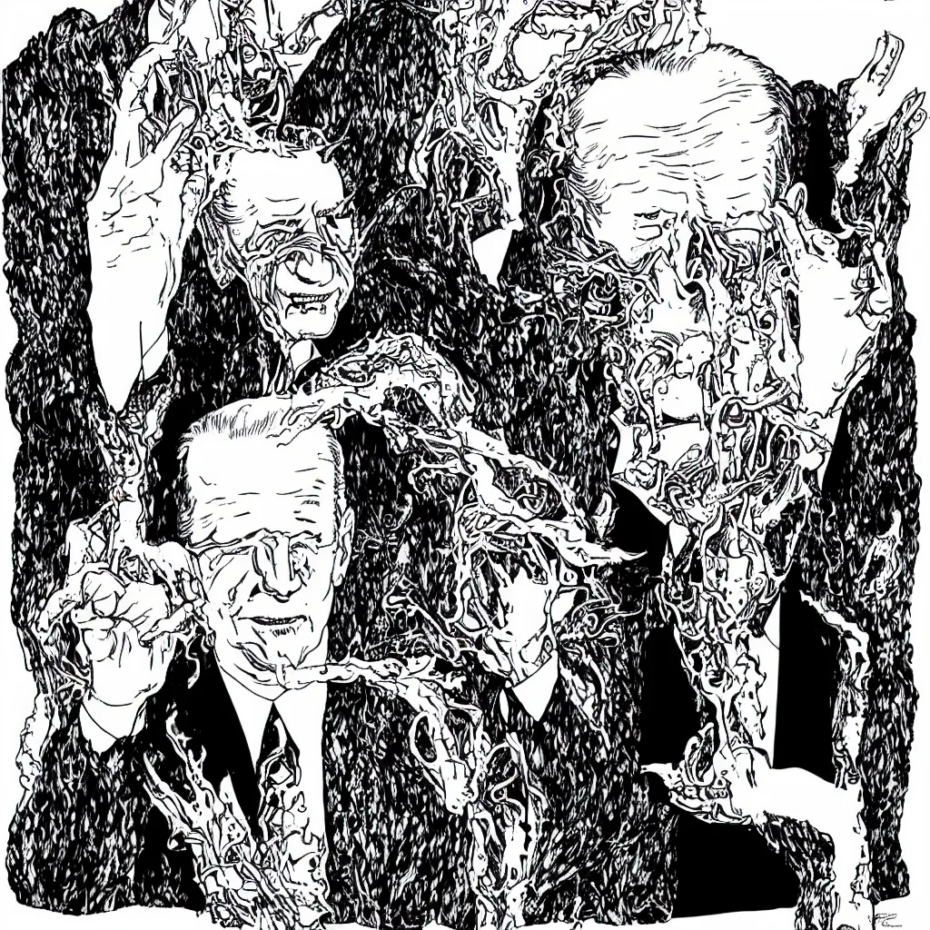 Image similar to Joe Biden full body portrait, body horror, black and white Illustration by Junji Ito