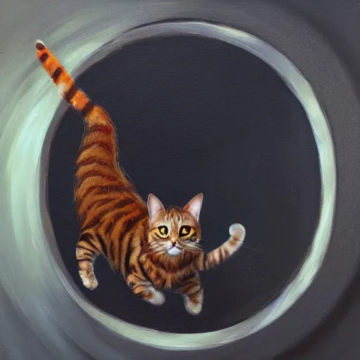 Prompt: a cat climbing out of a portal, expressive oil painting, trending on artstation