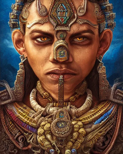 Prompt: digital painting of a mayan batab by filipe pagliuso and justin gerard, symmetric, fantasy, highly detailed, realistic, intricate, portrait, sharp focus, tarot card