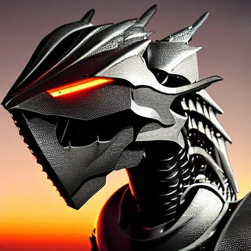 Prompt: chest up bust shot, realistic detailed stunning beautiful armored anthropomorphic humanoid robot female dragon, looking to the side with an elegant pose, smooth and streamlined armor and design made of steel, sharp claws and sharp teeth, high quality head, Slick LEDs, standing on two legs, on the beach during sunset, high quality, cinematic art, sci fi, sunset lighting, 3D render, 8k, artstation, deviantart, furaffinity